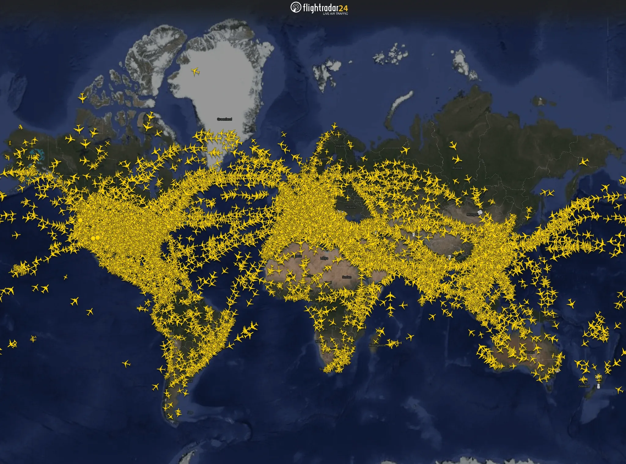 World map showing dense patterns of yellow dots representing global flight paths.
